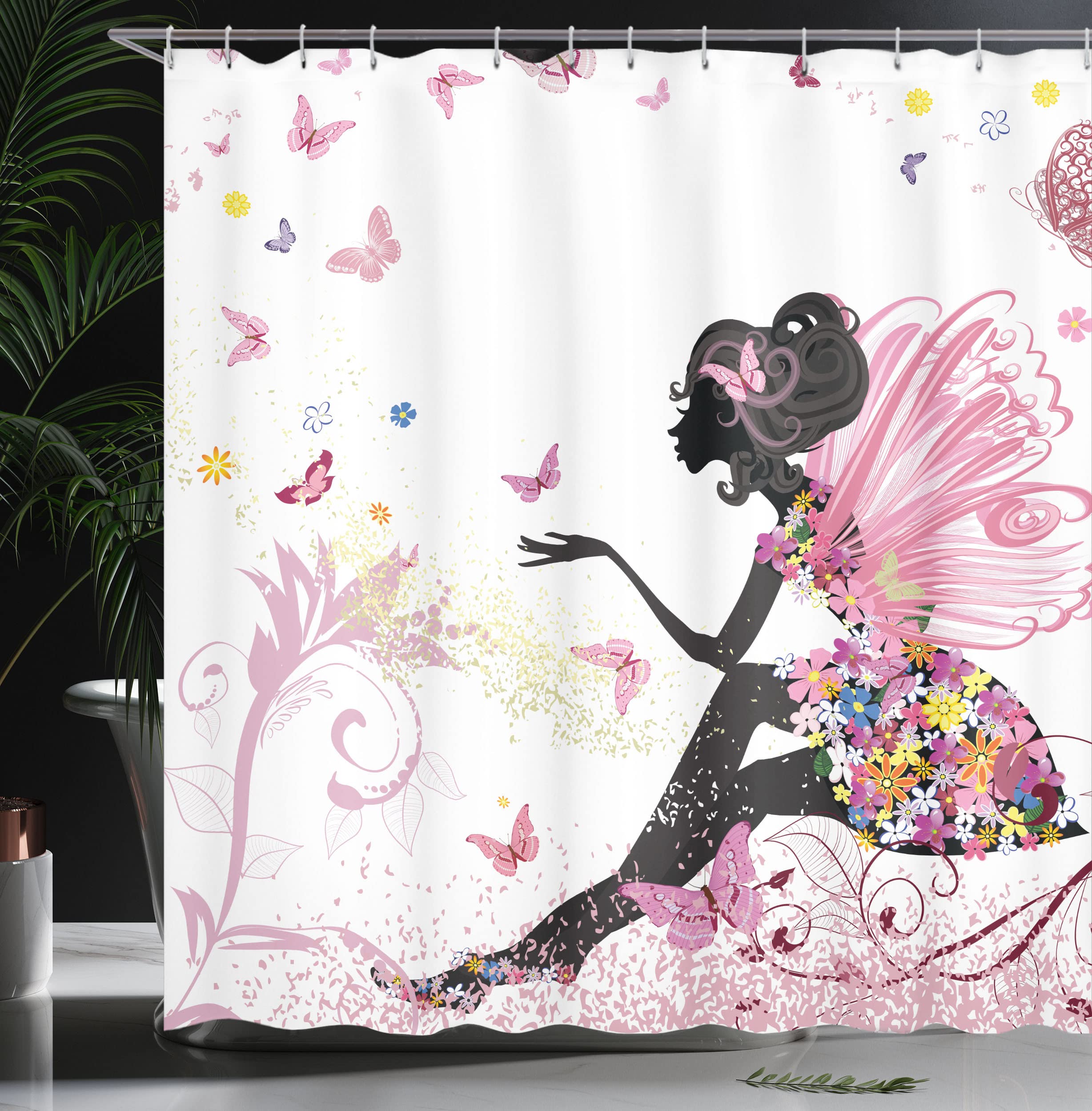 Ambesonne Fantasy Shower Curtain, Girl Silhouette In A Floral Dress Surreal Garden Flying Butterflies Print, Cloth Fabric Bathro